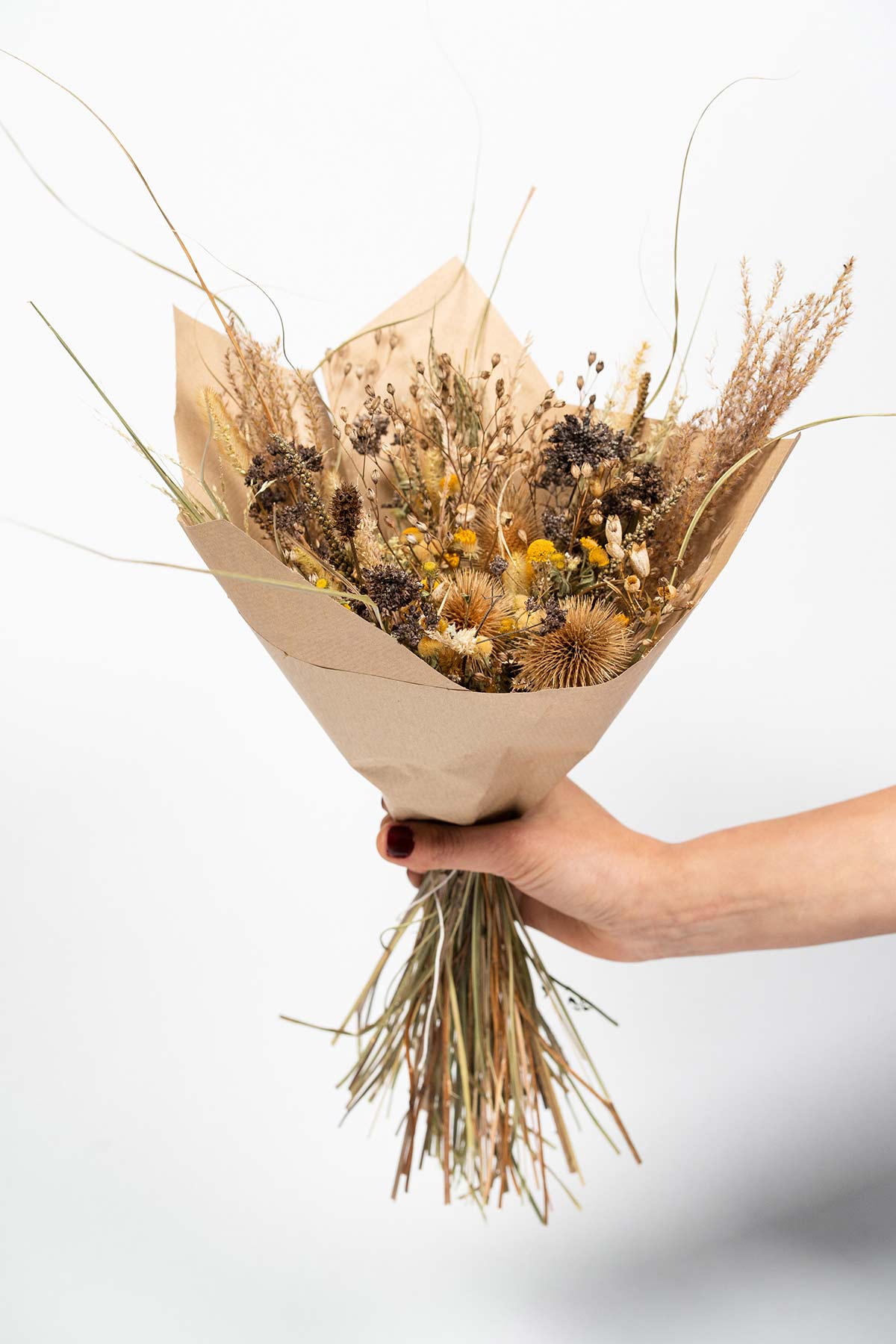 Bouquet de fleurs séchées tenue par une main