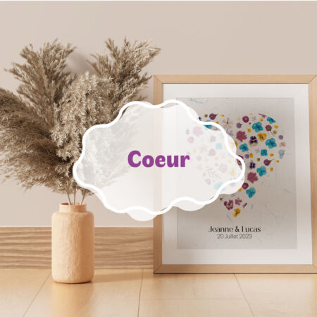 Texte indiquant " coeur " avec en fond un herbier de fleurs préssées artisanales sur mesure