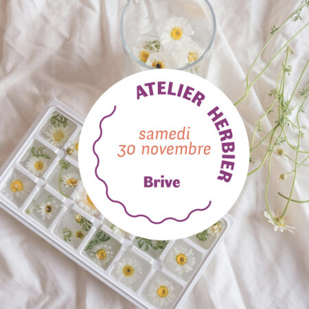 Vignette indiquant " atelier herbier samedi 30 octobre Brive" sur fond de fleurs