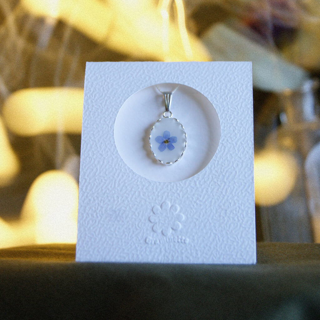 Médaillon argent 925 résine et fleur pressée ovale  -  fleur de myosotis
